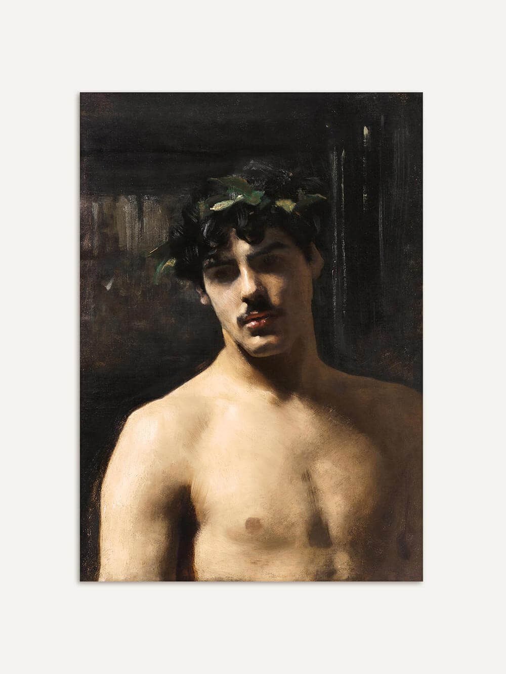 Stimmungsvolles Porträt eines jungen Mannes mit Lorbeerkranz auf dunklem Hintergrund. Die realistische Malerei betont sein nachdenkliches Gesicht, weiche Schatten und warme Hauttöne. Klassische Kunst als stilvolle Wanddekoration im Vintage-Stil.