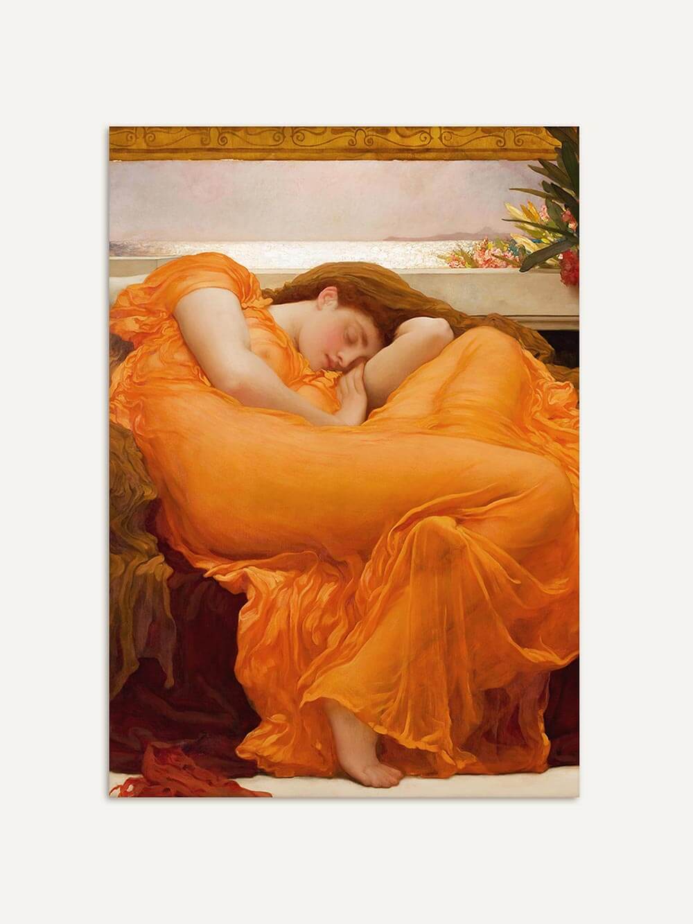 Kunstvoller Kunstdruck einer schlafenden Frau in einem leichten, orangefarbenen Gewand. Fein ausgearbeitete Drapierung, helle Farben und symbolistischer Stil wirken träumerisch und beruhigend.