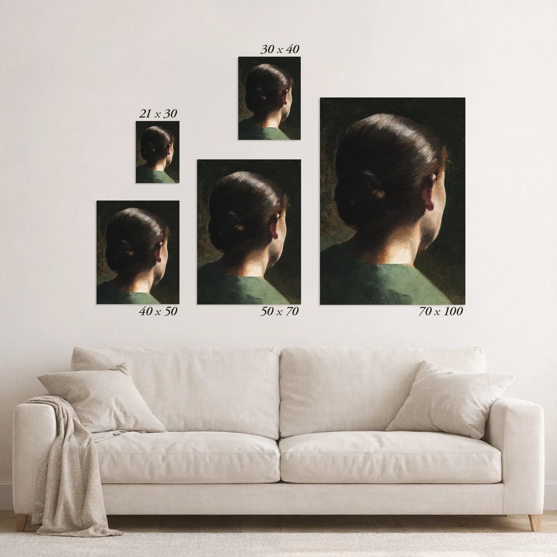 Schematic size overview of the available print formats above a sofa.