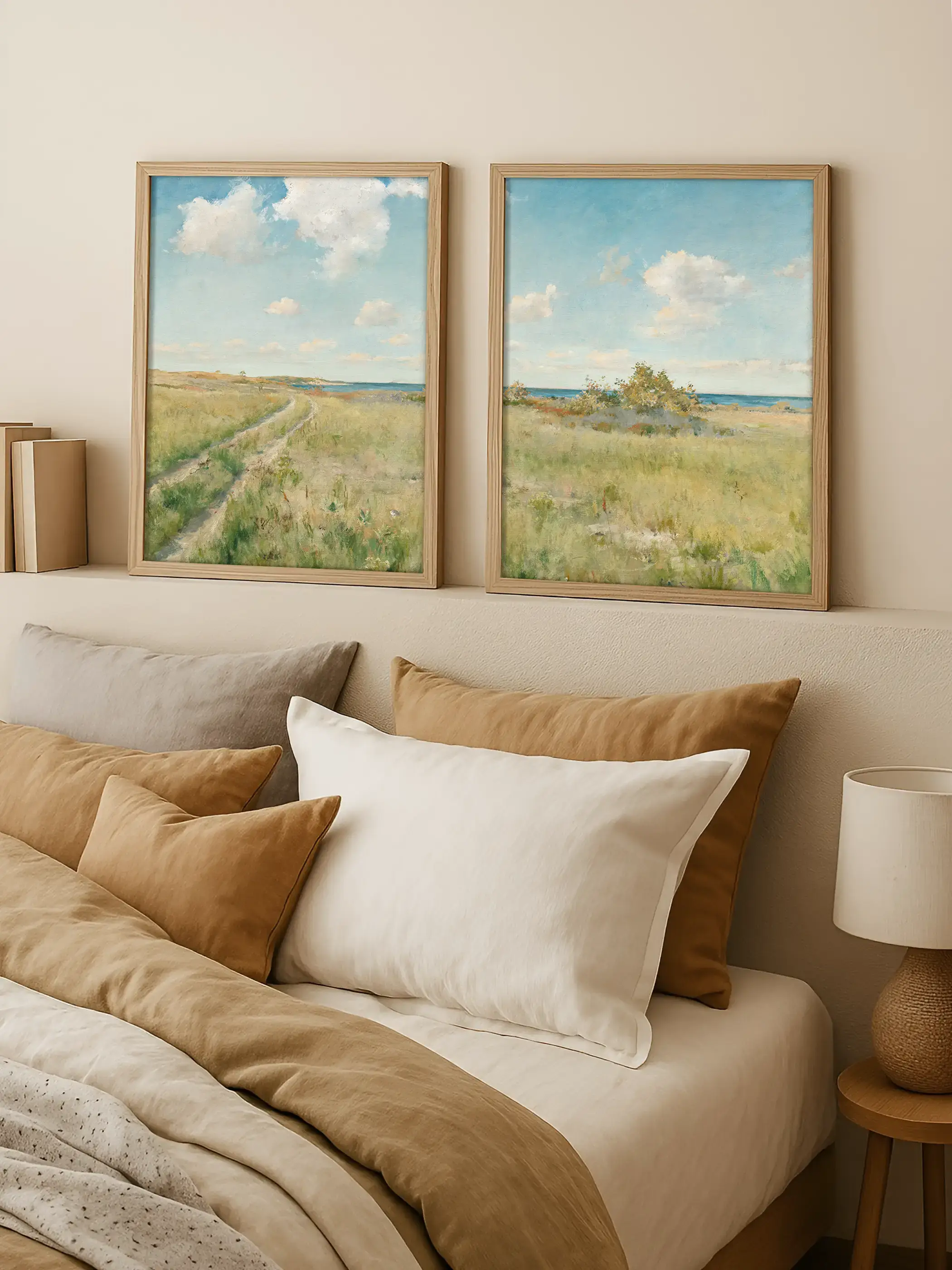 Zwei gerahmte Landschafts-Poster mit Küstenblick und Wiesenlandschaft hängen über einem Bett in warmen Naturtönen. Die helle Farbpalette wirkt beruhigend und ergänzt die entspannte, natürliche Schlafzimmer-Dekoration.