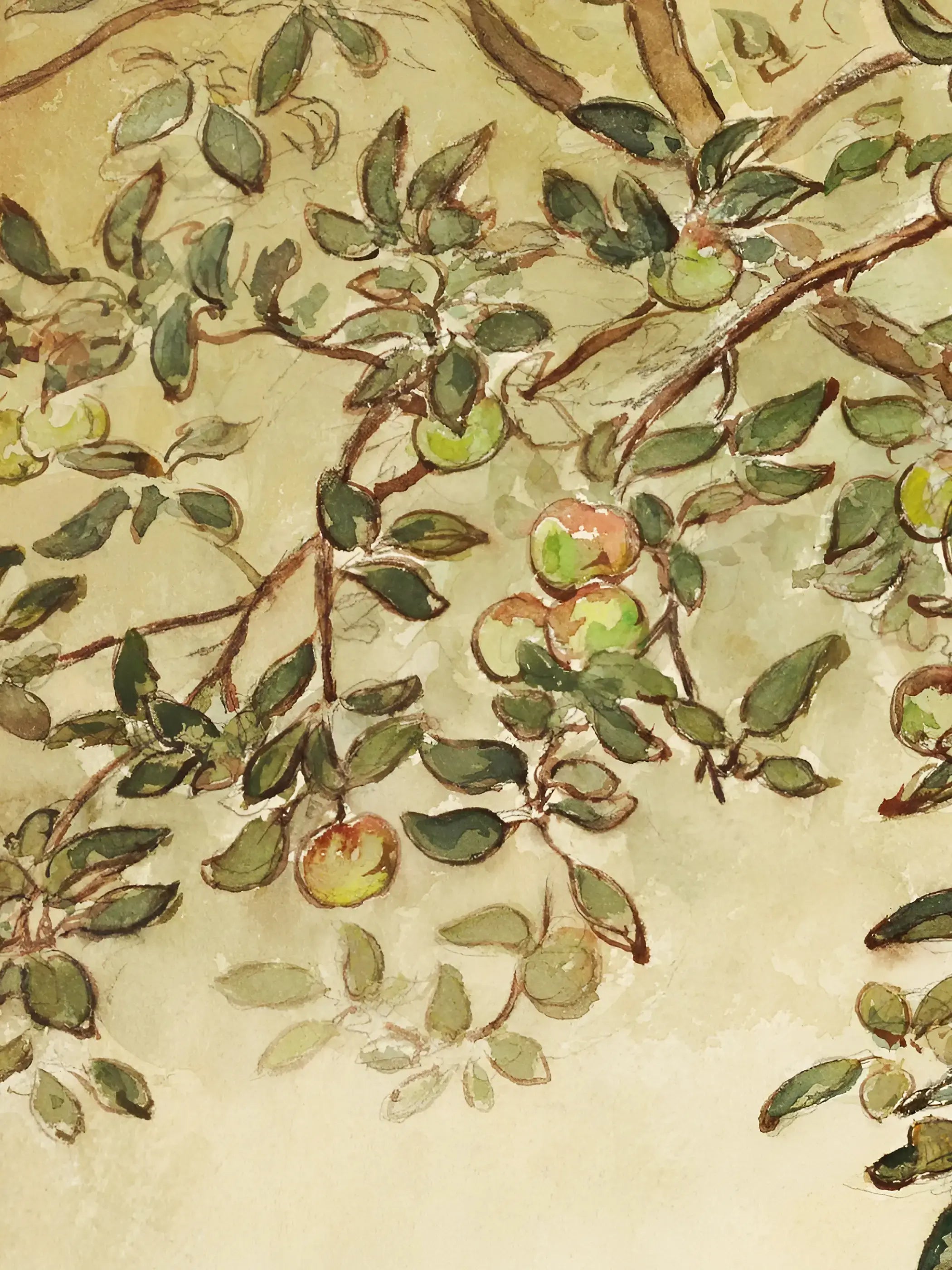 Die Nahaufnahme zeigt feine Blätter, Äste und kleine Äpfel in lockeren Pinsel- und Aquarellstrichen. Die botanische Illustration vermittelt eine natürliche Vintage-Ästhetik mit sanften Grün- und Beigetönen.