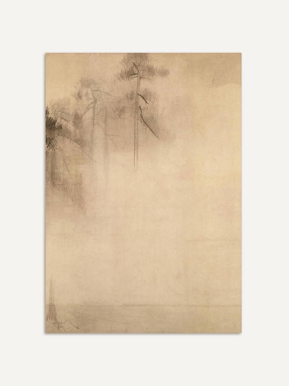 Einzelne Wabi-Sabi-Kiefernzeichnung (rechte Hälfte des Sets) – Zarte Tuschezeichnung mit nebelverhüllten Kiefern auf strukturiertem Papier. Die minimalistischen Linien und die dezente Farbgebung fügen sich nahtlos in ruhige Wohnräume oder japanisch inspirierte Interieurs ein.