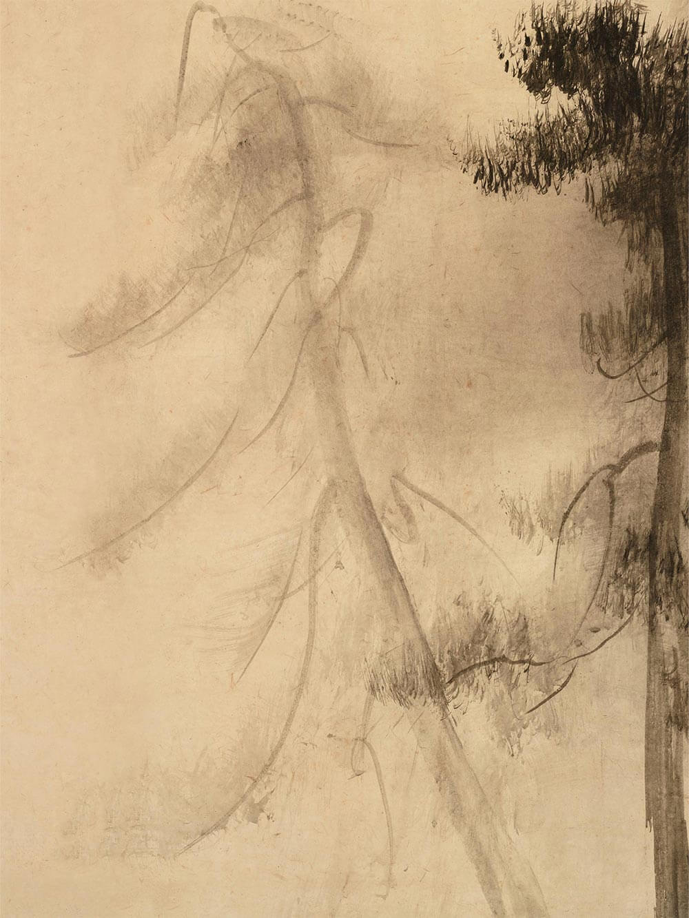 Detailaufnahme der Wabi-Sabi-Kiefern-Skizze – Feine Pinselstriche und zarte Schattierungen erzeugen eine sanfte, meditative Atmosphäre. Das minimalistische Design in Sepiatönen verleiht dem Kunstwerk eine zeitlose Eleganz.