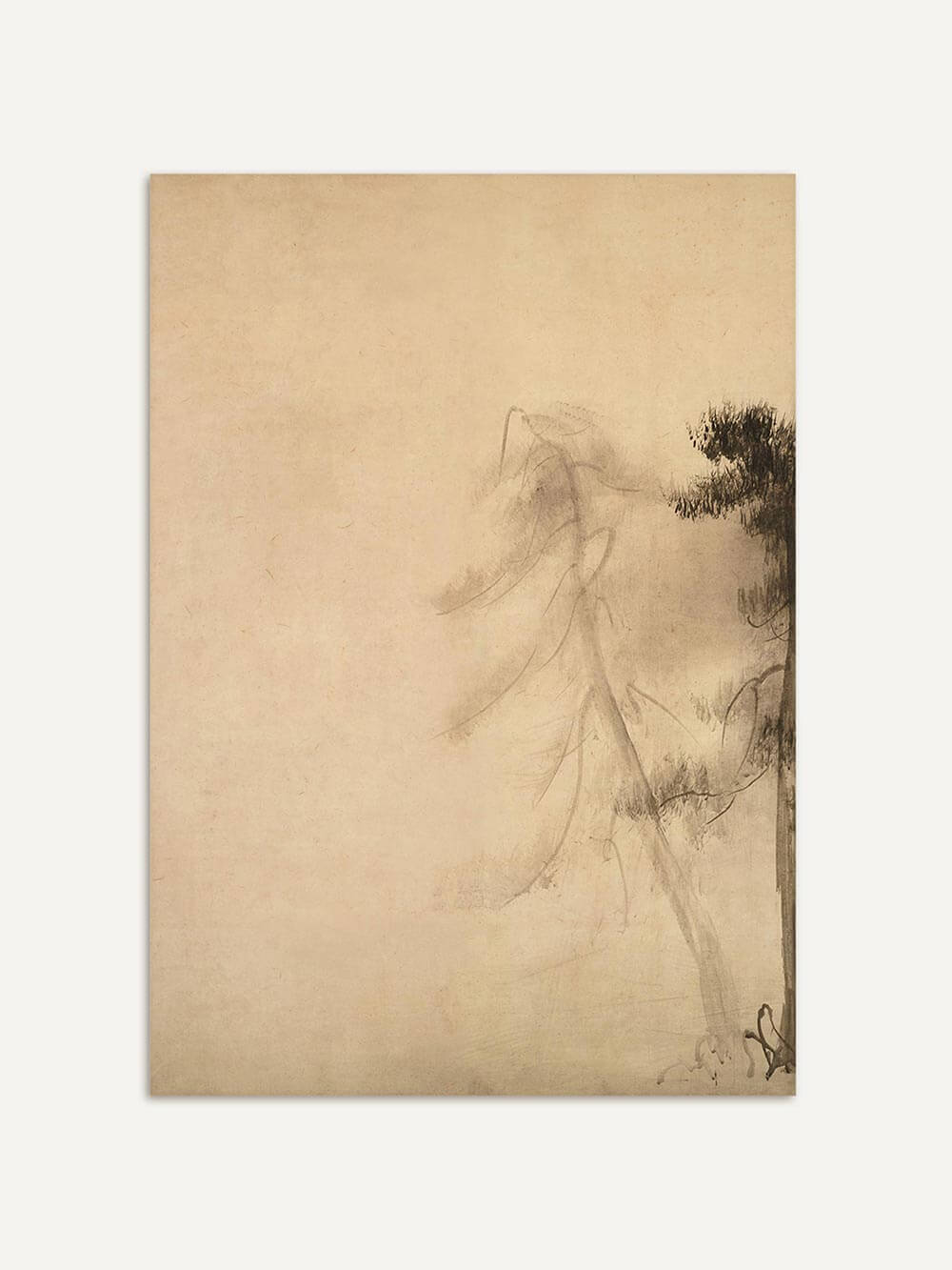 Linkes Panel des Wabi-Sabi-Triptychons – Detailreiche Kiefer mit filigranen Ästen in sanfter Sepia-Optik. Das minimalistische Design unterstreicht die poetische Stille des Motivs.