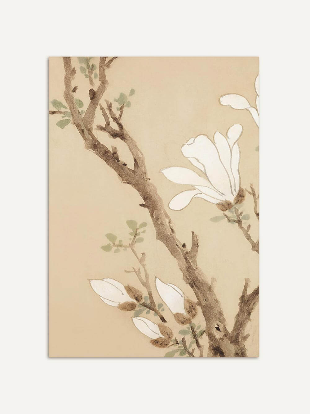 Linkes Panel des Triptychons: Einzelner Kunstdruck mit elegant gezeichnetem Magnolienzweig und Knospen auf beigem Hintergrund, inspiriert von traditioneller japanischer Kunst.