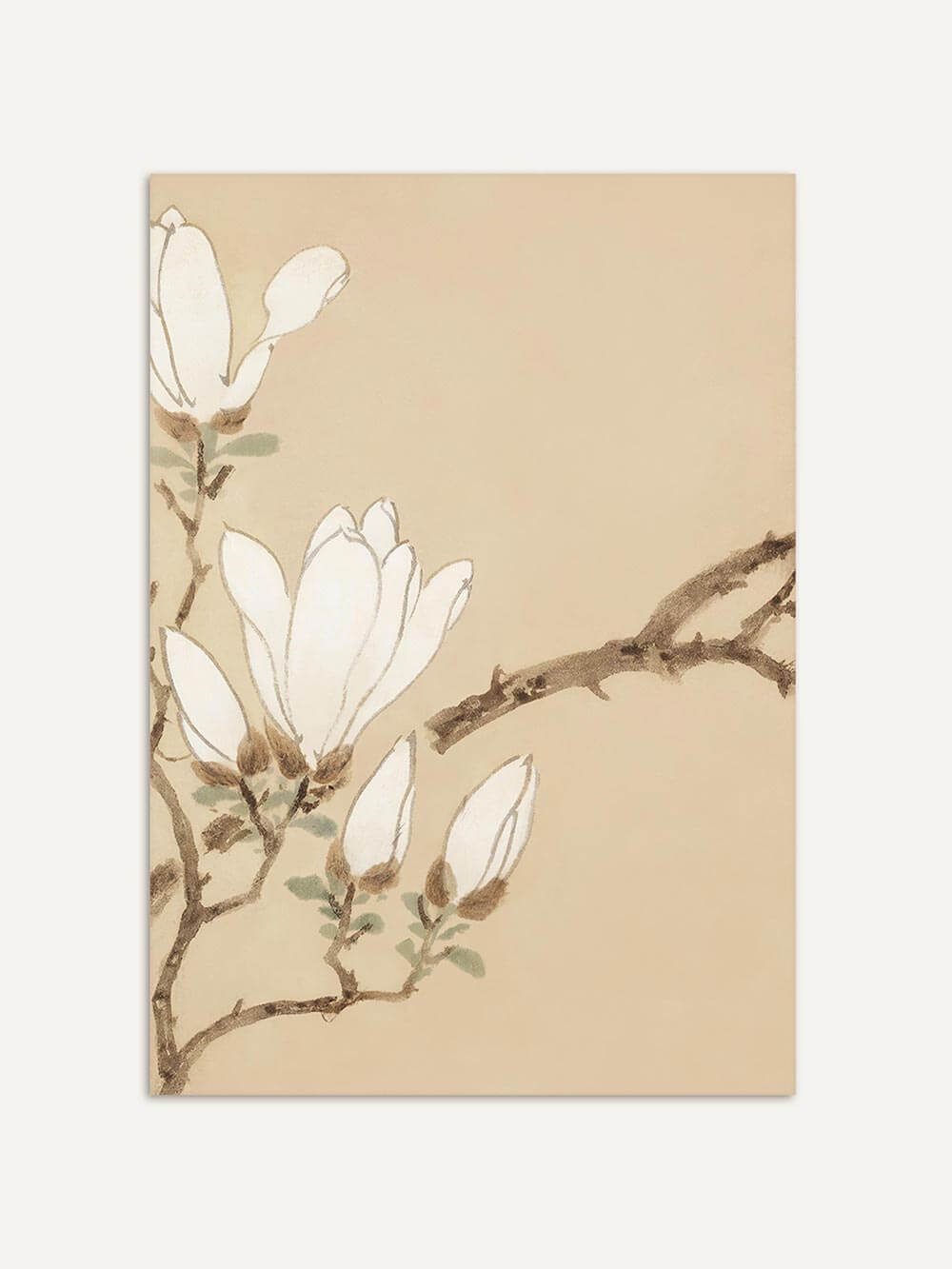Mittelpanel des Triptychons: Hauptbild mit weiß blühenden Magnolien und zarten grünen Blättern, dargestellt mit sanften Pinselstrichen im Japandi-Stil.