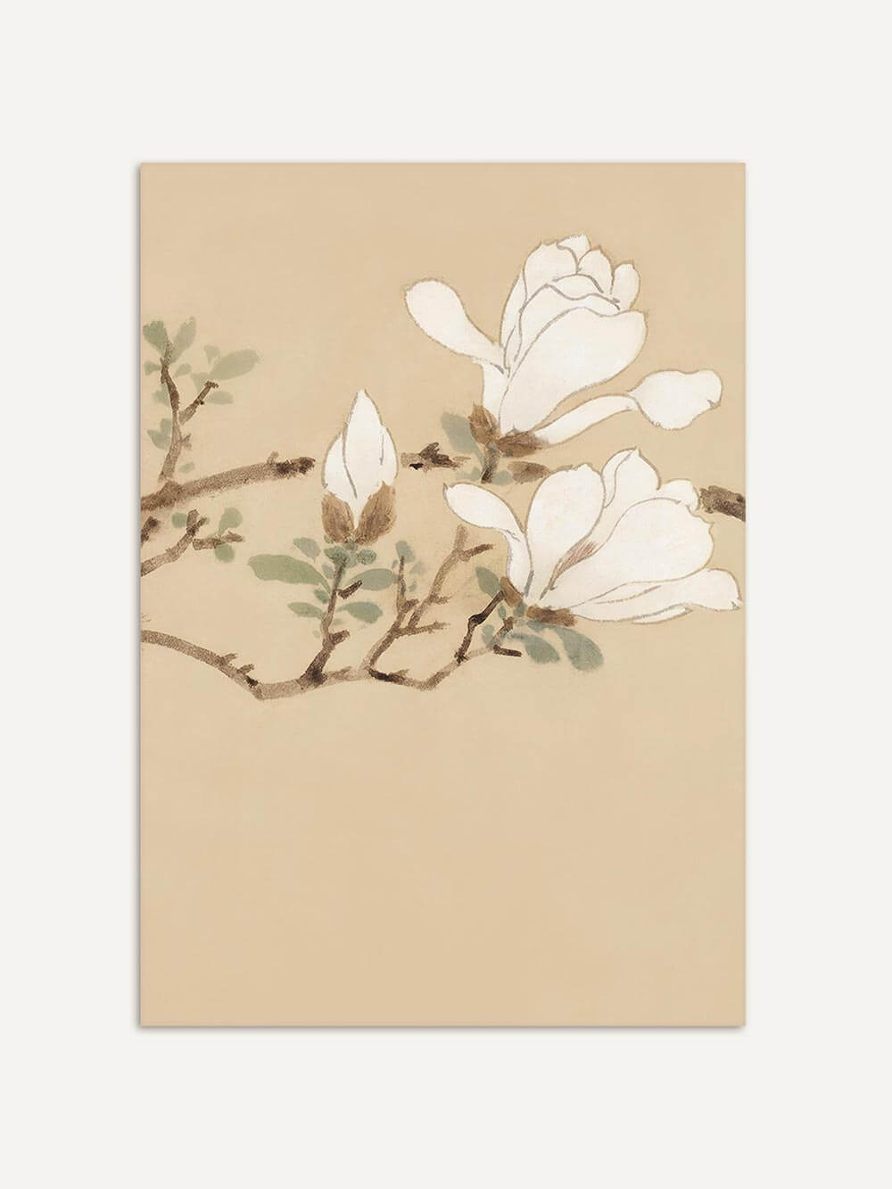 Rechtes Panel des Triptychons: Einzelner Kunstdruck mit erblühenden weißen Magnolien an einem stilisierten Ast auf warmem, minimalistischem Hintergrund.