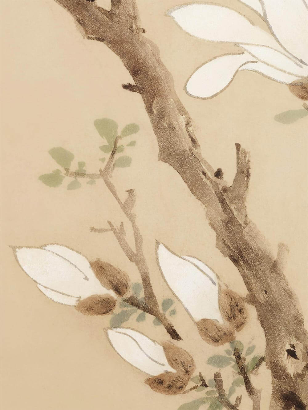 Detailaufnahme des Kunstwerks: Nahaufnahme eines Magnolienzweigs mit zarten Knospen und feinen Pinselstrichen auf warmem, beigem Hintergrund, inspiriert von japanischer Tuschemalerei.