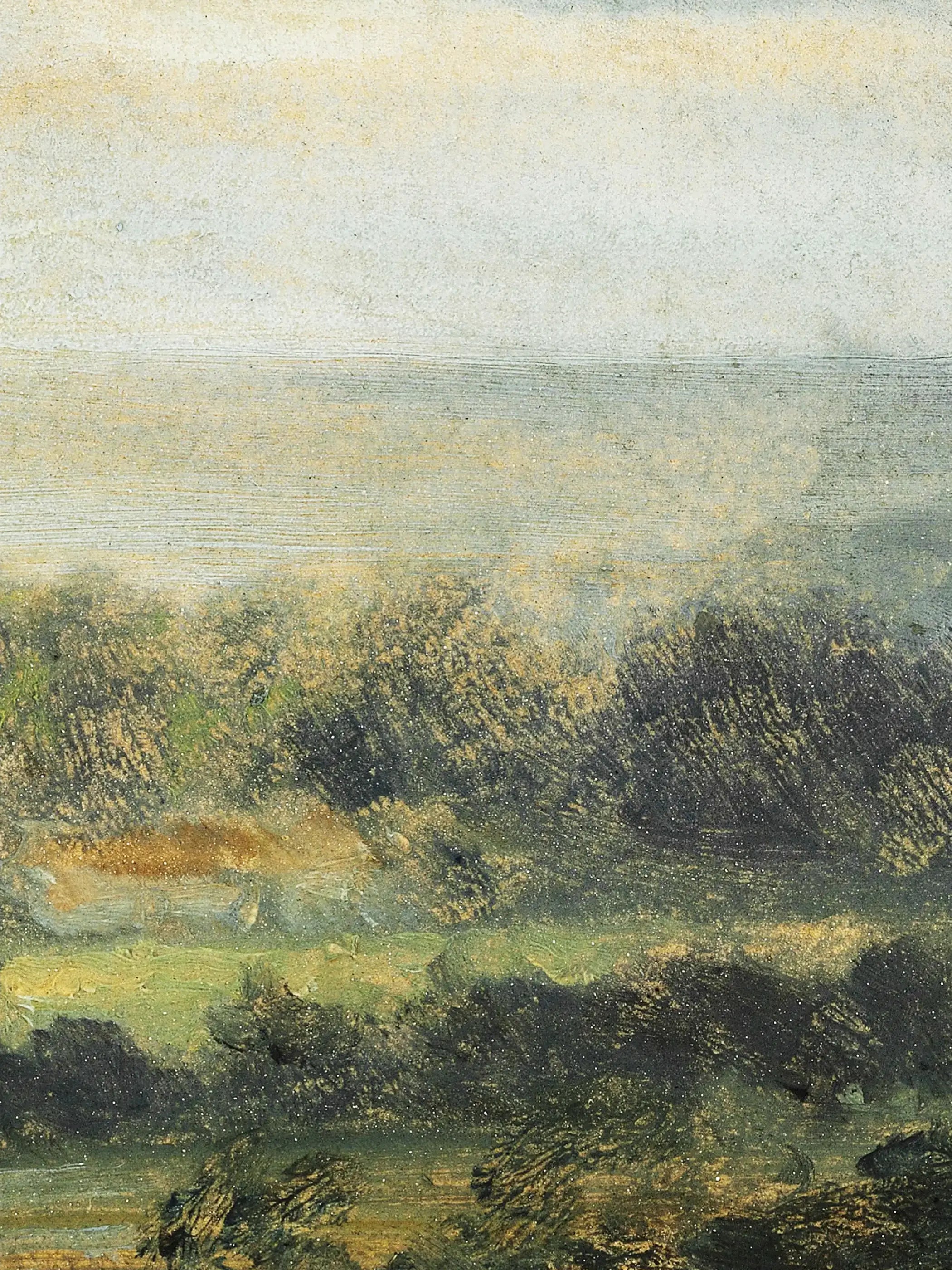 Nahaufnahme eines Landschafts-Kunstdrucks mit feinen Pinselstrukturen, sanften Farbverläufen und sichtbarer Leinwandtextur. Die dezente Lichtstimmung und weichen Übergänge betonen den malerischen Charakter im Vintage Stil.