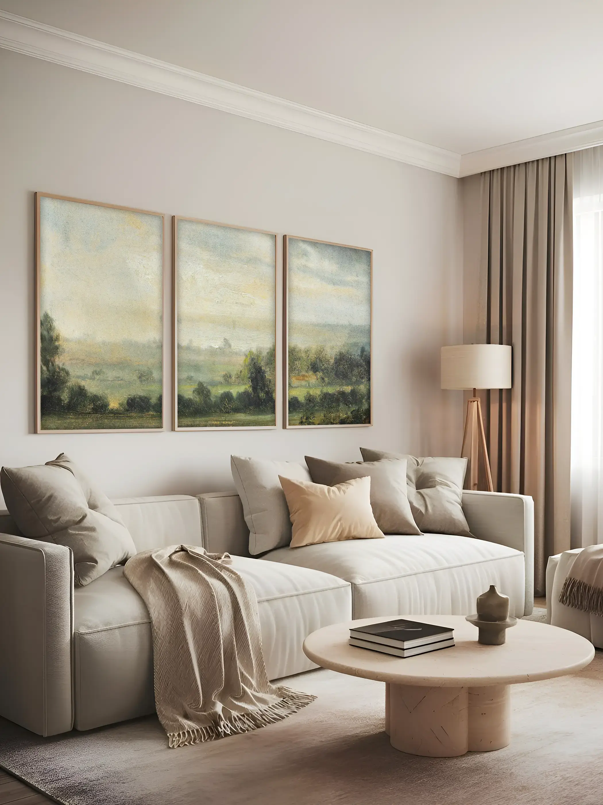 Drei aufeinander abgestimmte Kunstdrucke mit nebliger Landschaft und weichen Farbverläufen hängen über einem Sofa im modernen Wohnzimmer. Das Triptychon sorgt für eine elegante, natürliche Wandgestaltung mit ruhiger Ausstrahlung.