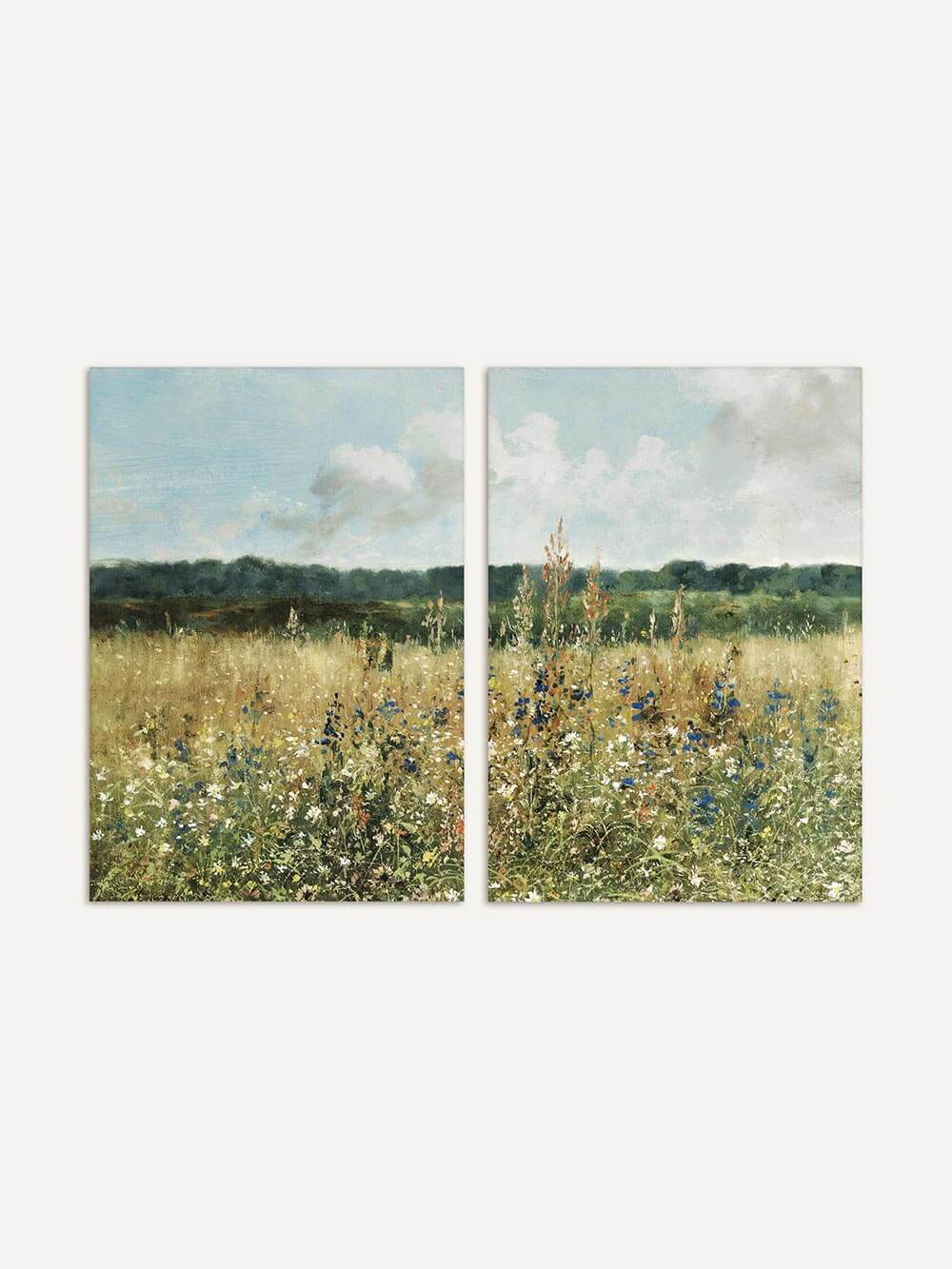 Zwei Vintage-Kunstdrucke zeigen eine sommerliche Wildblumenwiese unter blauem Himmel. Die Motive sind harmonisch aufeinander abgestimmt und nebeneinander platziert.