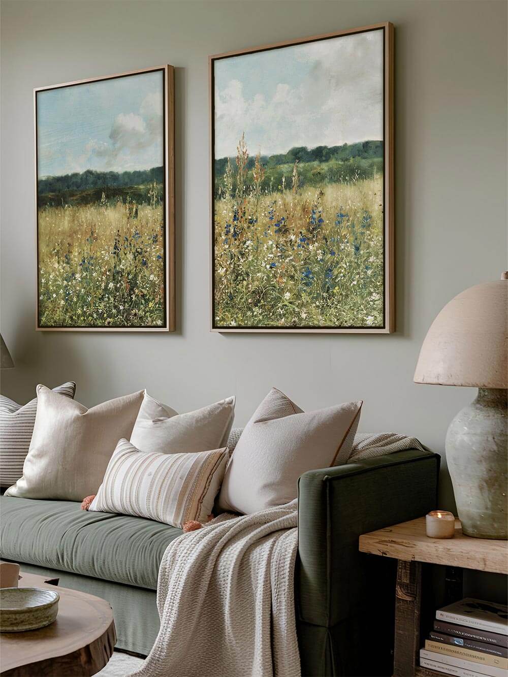 Kunstdruck-Set mit blühender Sommerwiese in natürlichen Farben über einem grünen Sofa. Die Landschaftsillustrationen schaffen eine ruhige, warme Atmosphäre im Raum.