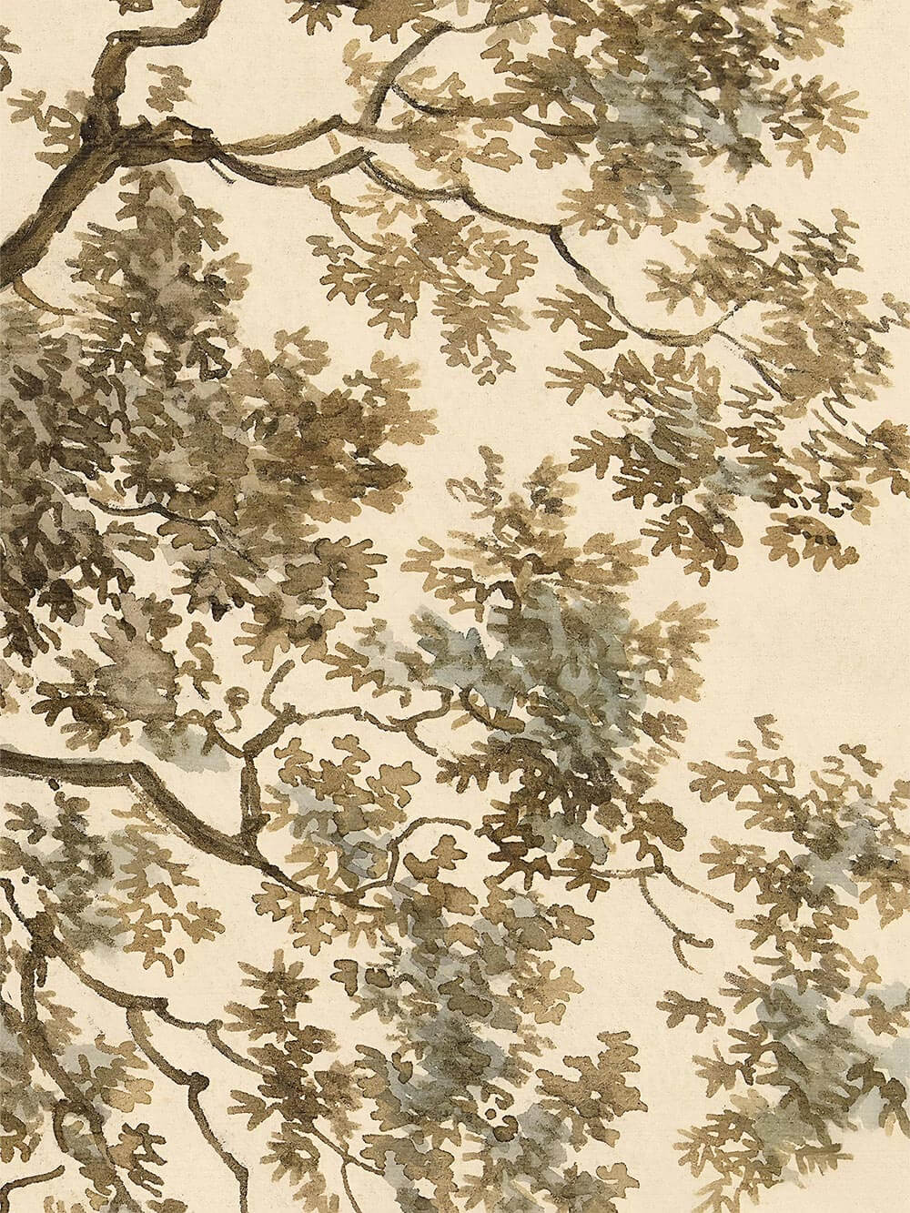 Nahaufnahme der gemalten Baumblätter mit feinen Pinselstrukturen und sanften Farbverläufen in Grün, Grau und Ocker. Die sichtbare Textur verleiht dem Kunstdruck Tiefe und unterstreicht den handwerklichen Charakter des Wandbildes.