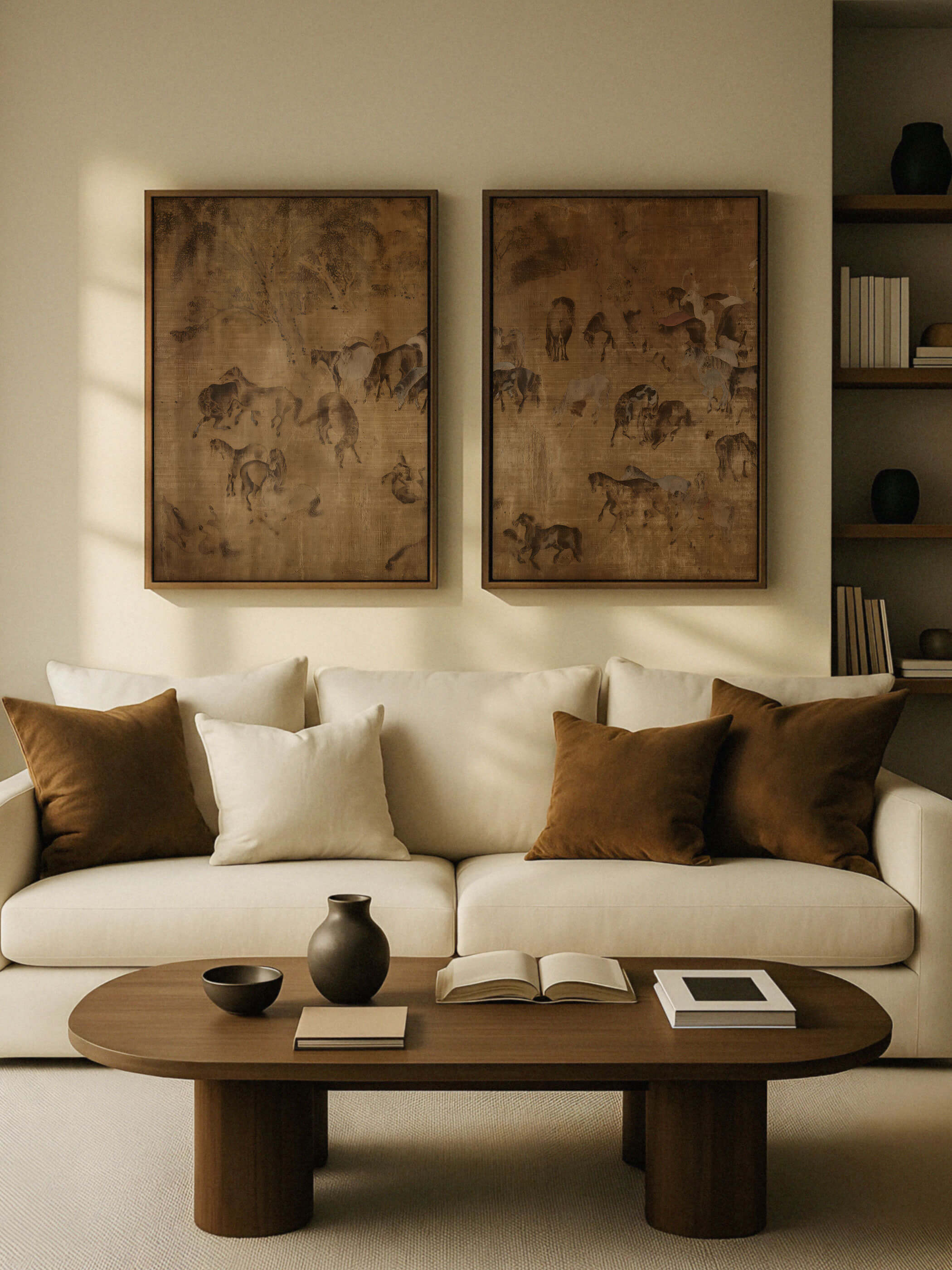 Zweiteiliges Pferde-Wandbild in gedeckten Braun- und Beigetönen hängt über einem hellen Sofa mit Kissen in Naturfarben. Die sanften Kontraste und die organische Struktur verleihen dem Raum eine ruhige, elegante Galerie-Wand.