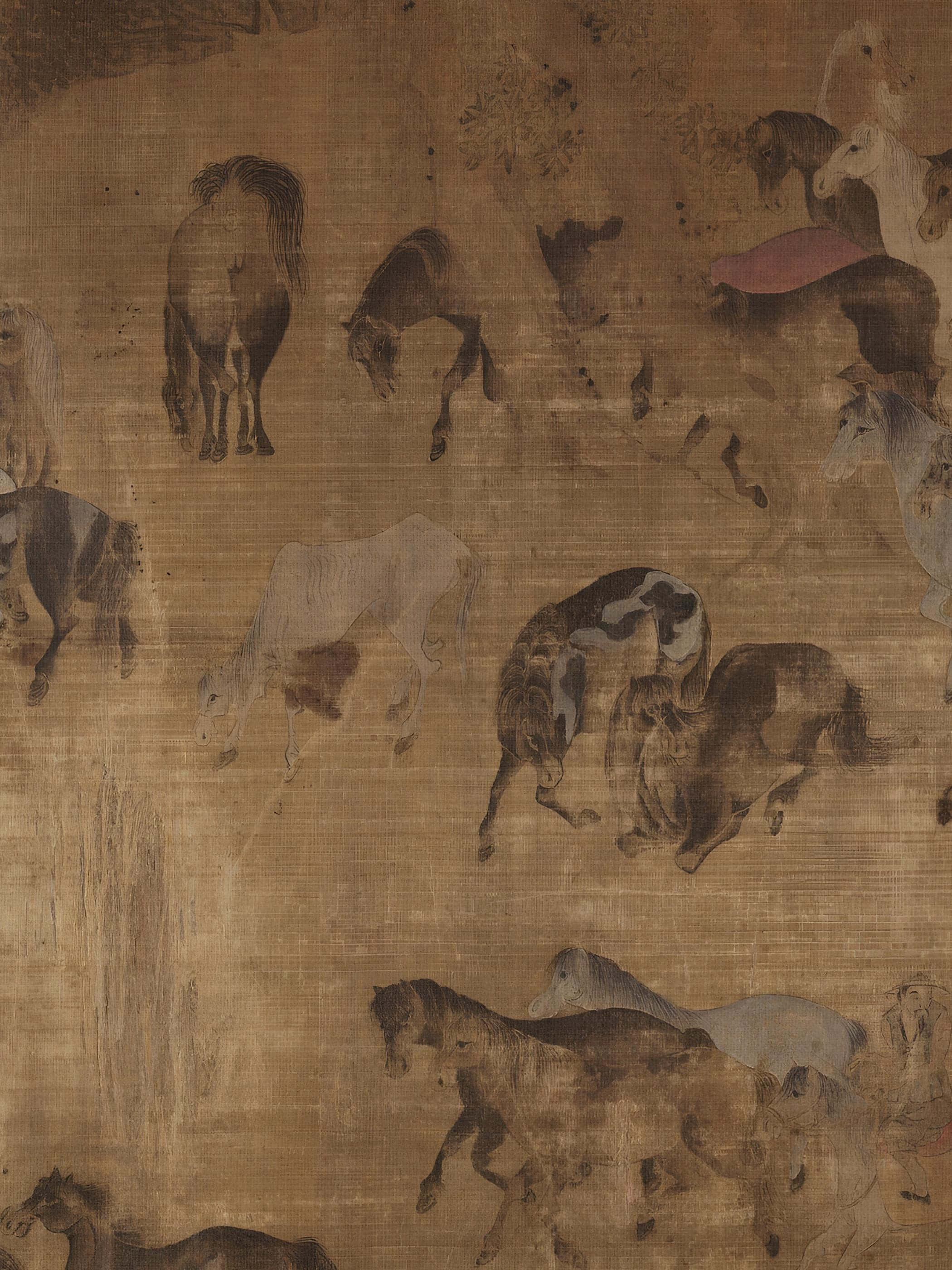 Detail eines Pferdemotivs mit weichen Schattierungen und feiner Textur auf beigebraunem Grund. Die minimalistische Farbpalette und die ruhige Darstellung unterstreichen den antiken Charakter des Wandbilds im asiatischen Stil.
