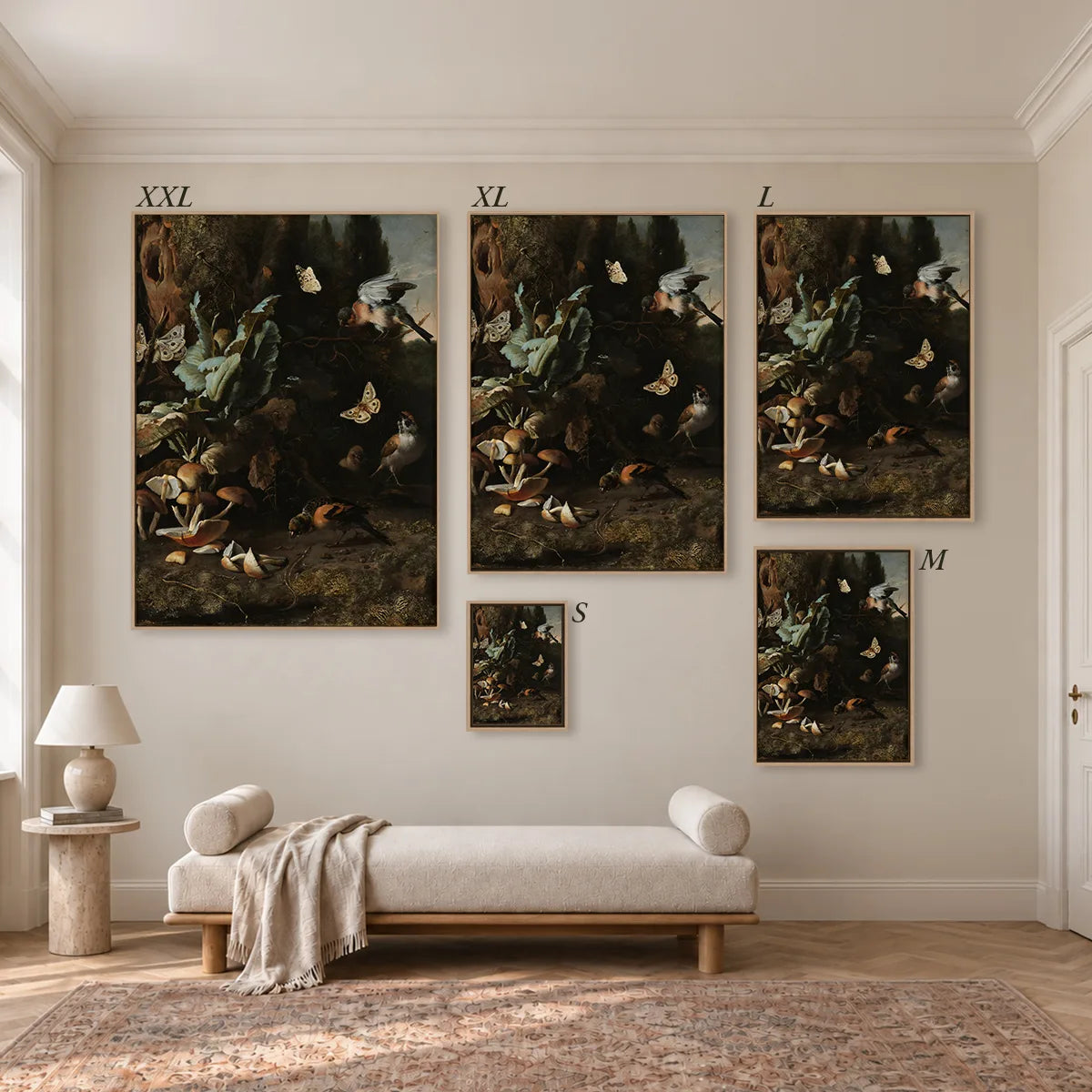 Größenübersicht der fünf Leinwandformate S bis XXL im Raum, von 34 × 44 cm bis 105 × 143 cm.