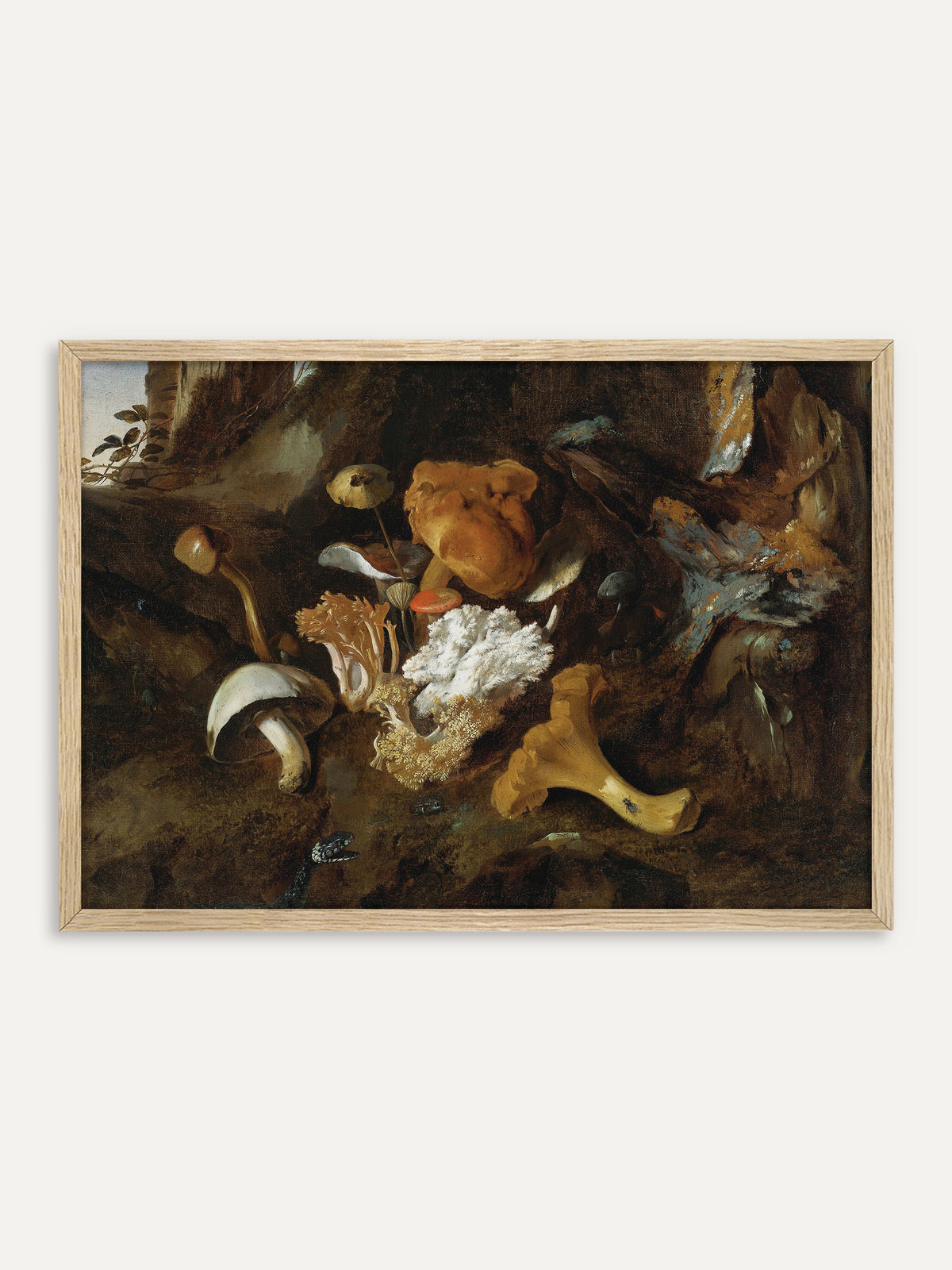 Kunstdruck, der Pfifferling, Korallenpilze und andere Waldpilze auf moosigem Waldboden vor einem alten Baumstumpf zeigt, am unteren Rand mit einer kleinen Schlange. Im Rahmen aus hellem Holz bringt das barocke Waldstillleben herbstliche Natur ins Zimmer. #Rahmen_Helles Holz
