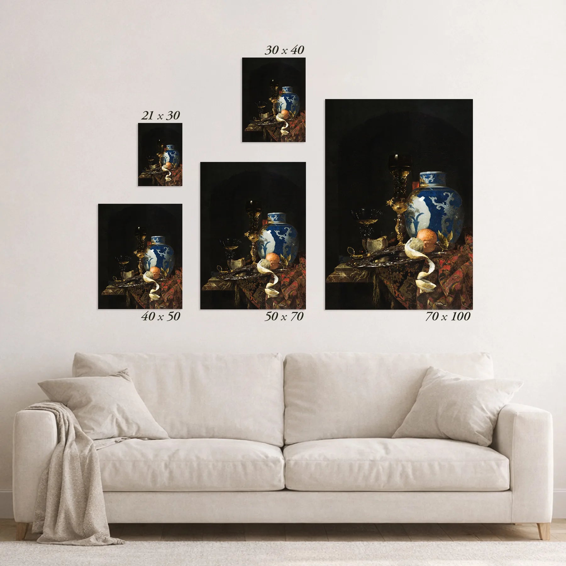 Schematic size overview of the available print formats above a sofa.