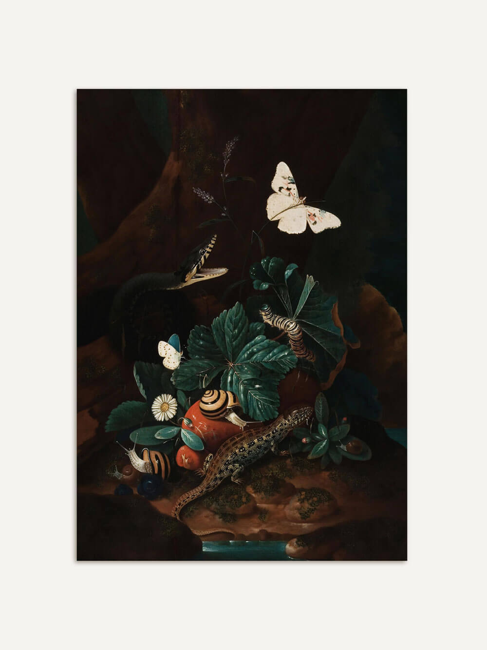 Botanischer Kunstdruck im Dark-Academia-Stil mit detailreicher Darstellung von Schmetterlingen, Schnecken, Eidechse und Blattwerk auf dunklem Hintergrund. Die Vintage-Illustration erinnert an ein barockes Naturstillleben.