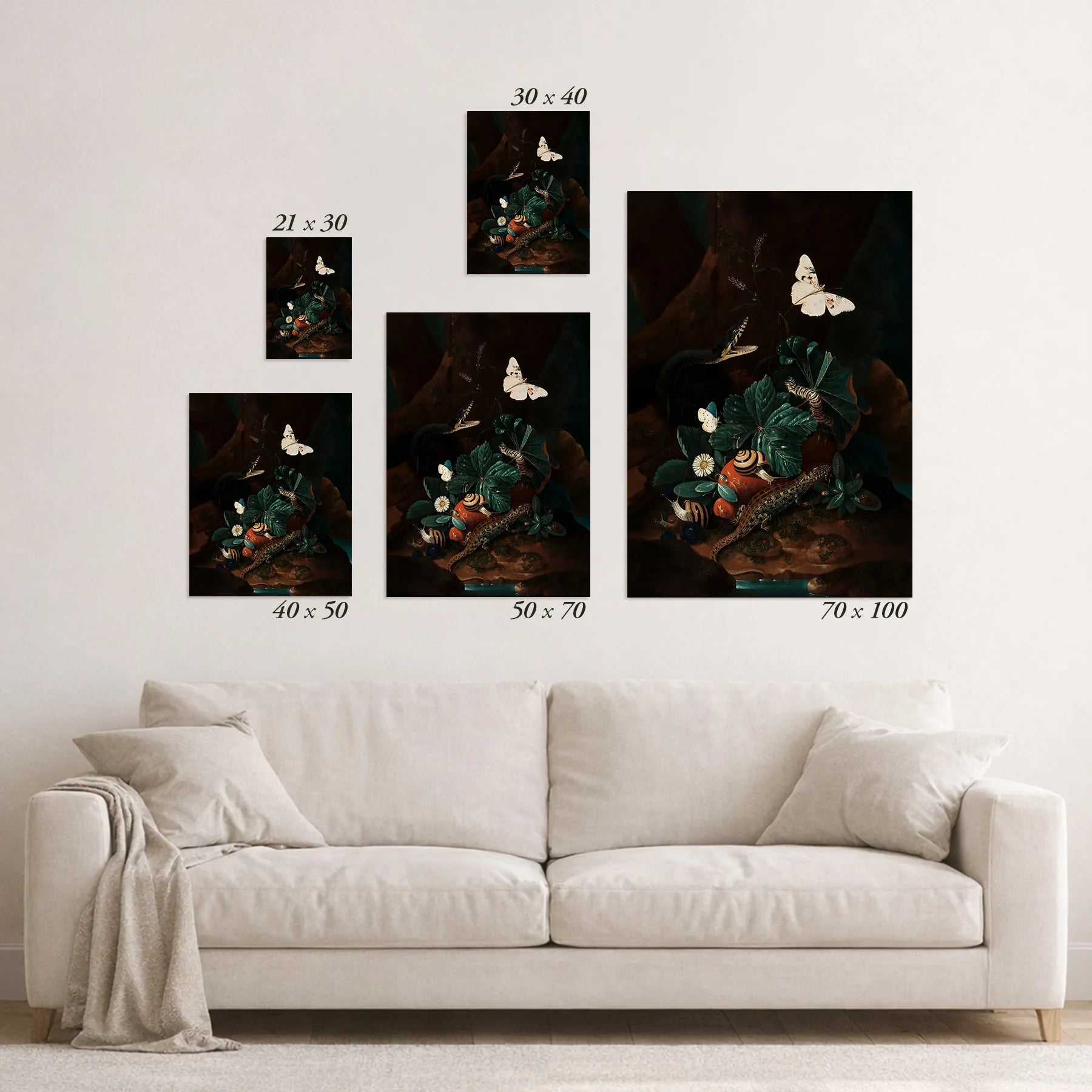 Schematic size overview of the available print formats above a sofa.