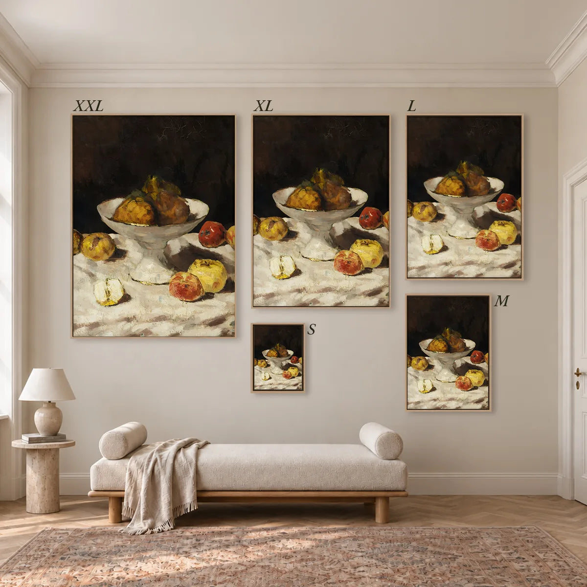 Größenübersicht der fünf Leinwandformate S bis XXL im Raum, von 34 × 44 cm bis 105 × 143 cm.