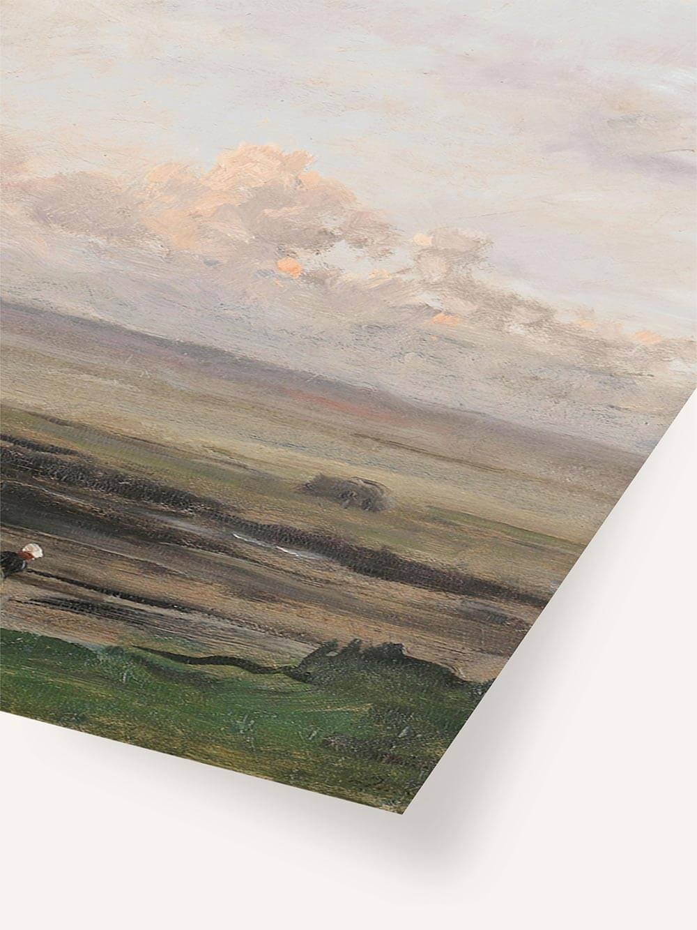 Nahaufnahme eines hochwertigen Kunstdrucks mit einer impressionistischen Küstenlandschaft, detailreiche Pinselstriche und weiche Farbverläufe in Blau, Grün und Beige – elegante Wandkunst für moderne und klassische Interieurs.