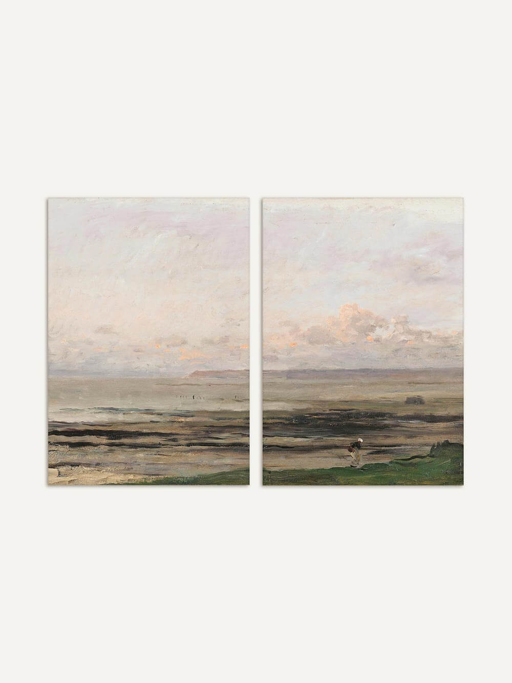 Atmosphärisches Diptychon eines impressionistischen Küstenlandschafts-Gemäldes mit sanften Pastelltönen, weiten Stränden und ruhigem Himmel – ideal für maritime und minimalistische Wohnräume.