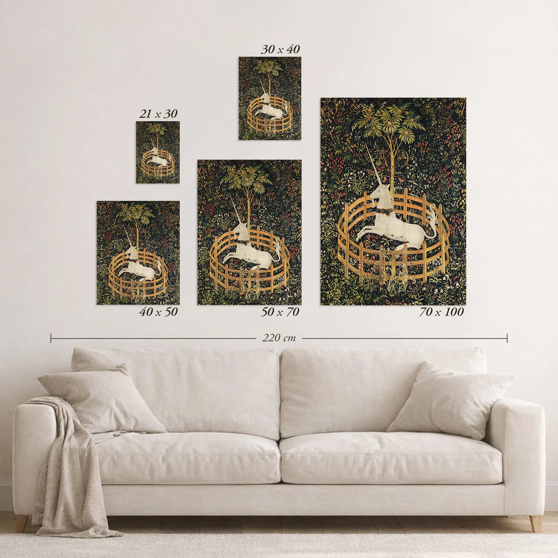 Schematic size overview of the available print formats above a sofa.