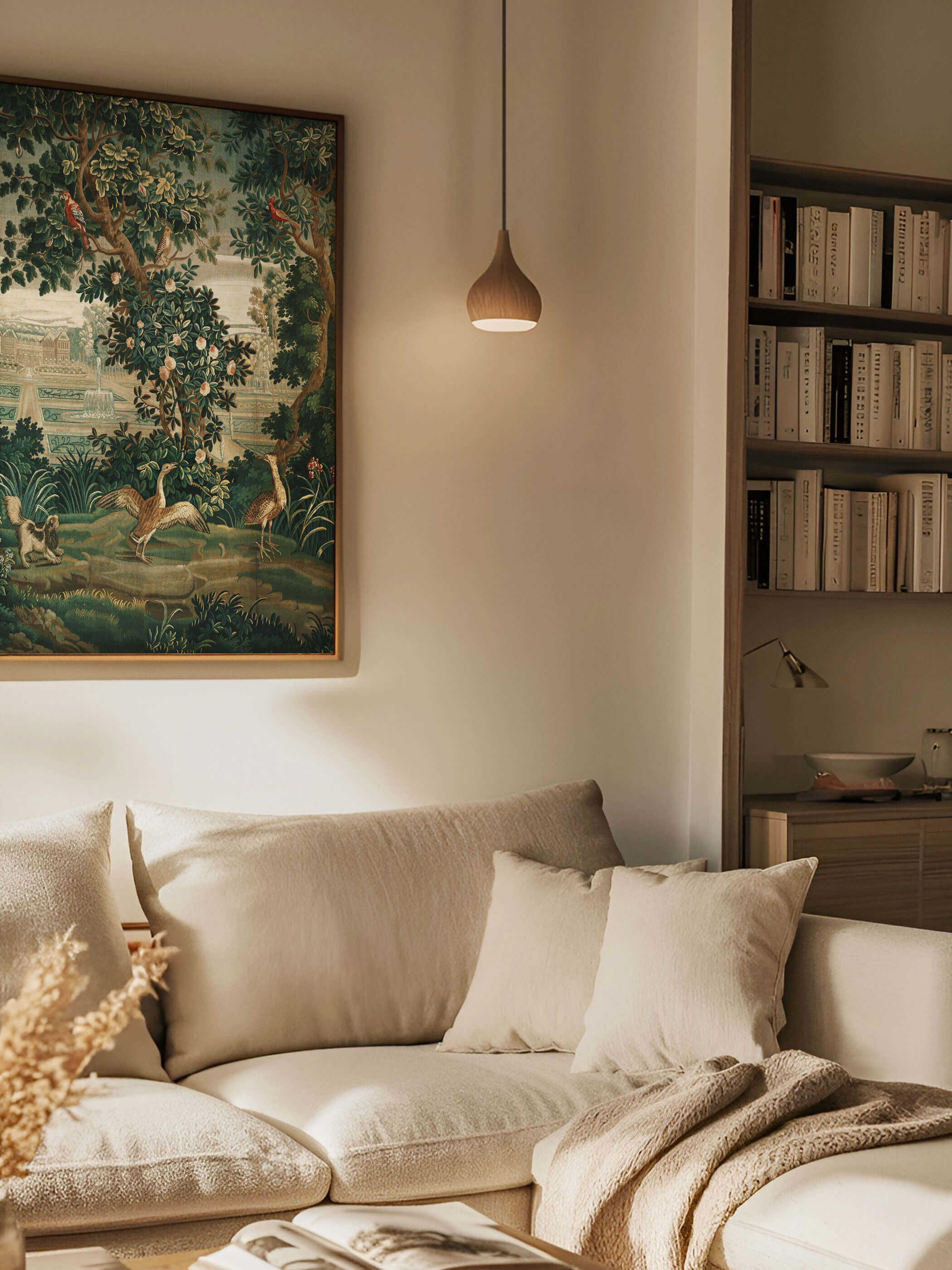 Ein gerahmter Gobelin-Kunstdruck an der Wand über einem hellen Sofa. Die grüne Gartenszene des Drucks zeigt exotische Vögel in einem Baum und einen verspielten Spaniel, der Vögel aufscheucht.