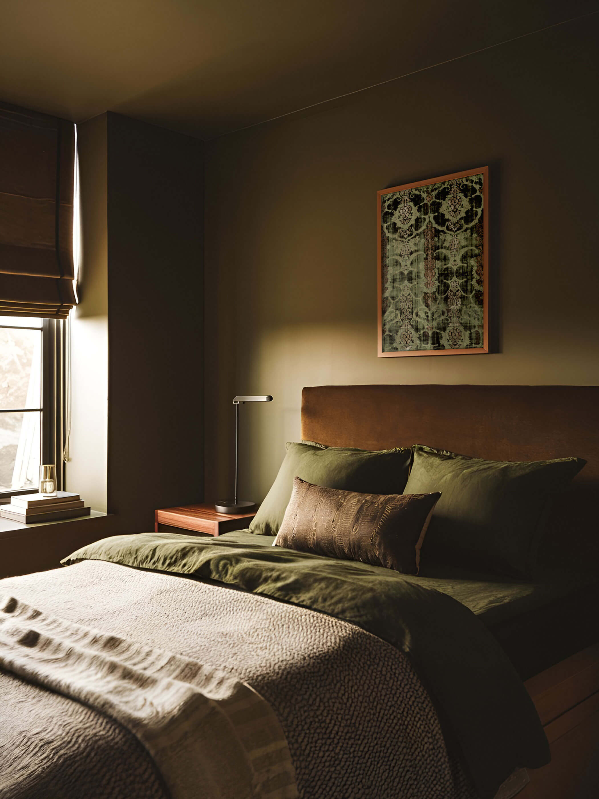 Poster eines antiken italienischen Samtfragments aus dem 15. Jahrhundert in grün, eingerahmt über einem eleganten Bett in einem dunklen, stimmungsvollen Schlafzimmer.