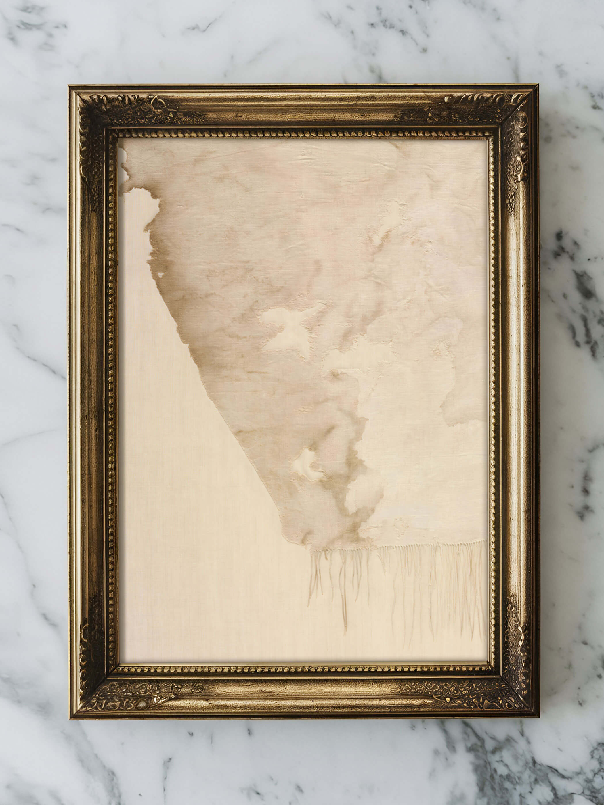 Antiker Wabi-Sabi Kunstdruck mit rustikalem Fransenmotiv in einem eleganten goldenen Rahmen auf Marmorplatte.