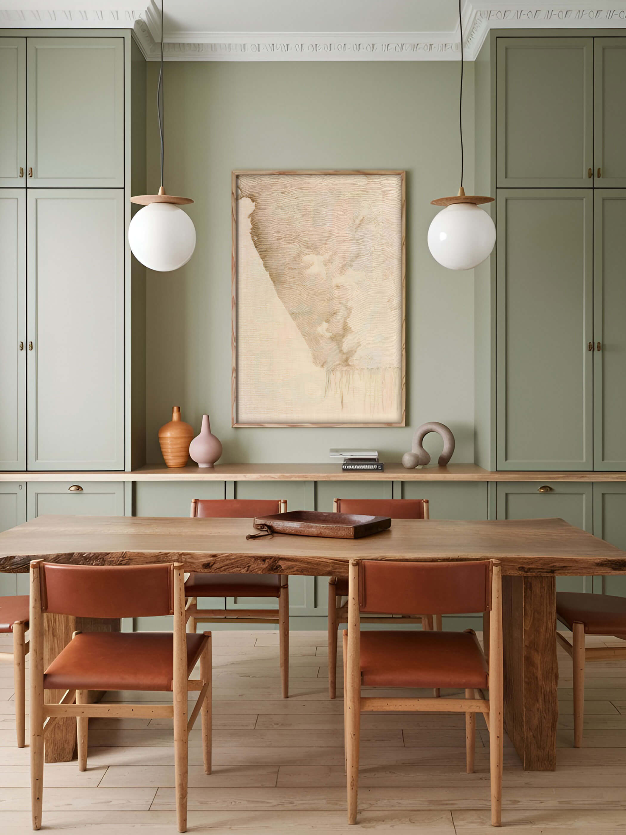 Wabi-Sabi Kunstdruck in hellen Tönen, rustikal-minimalistisch eingerahmt, an einer grünen Esszimmerwand mit Holztisch und Lederstühlen.