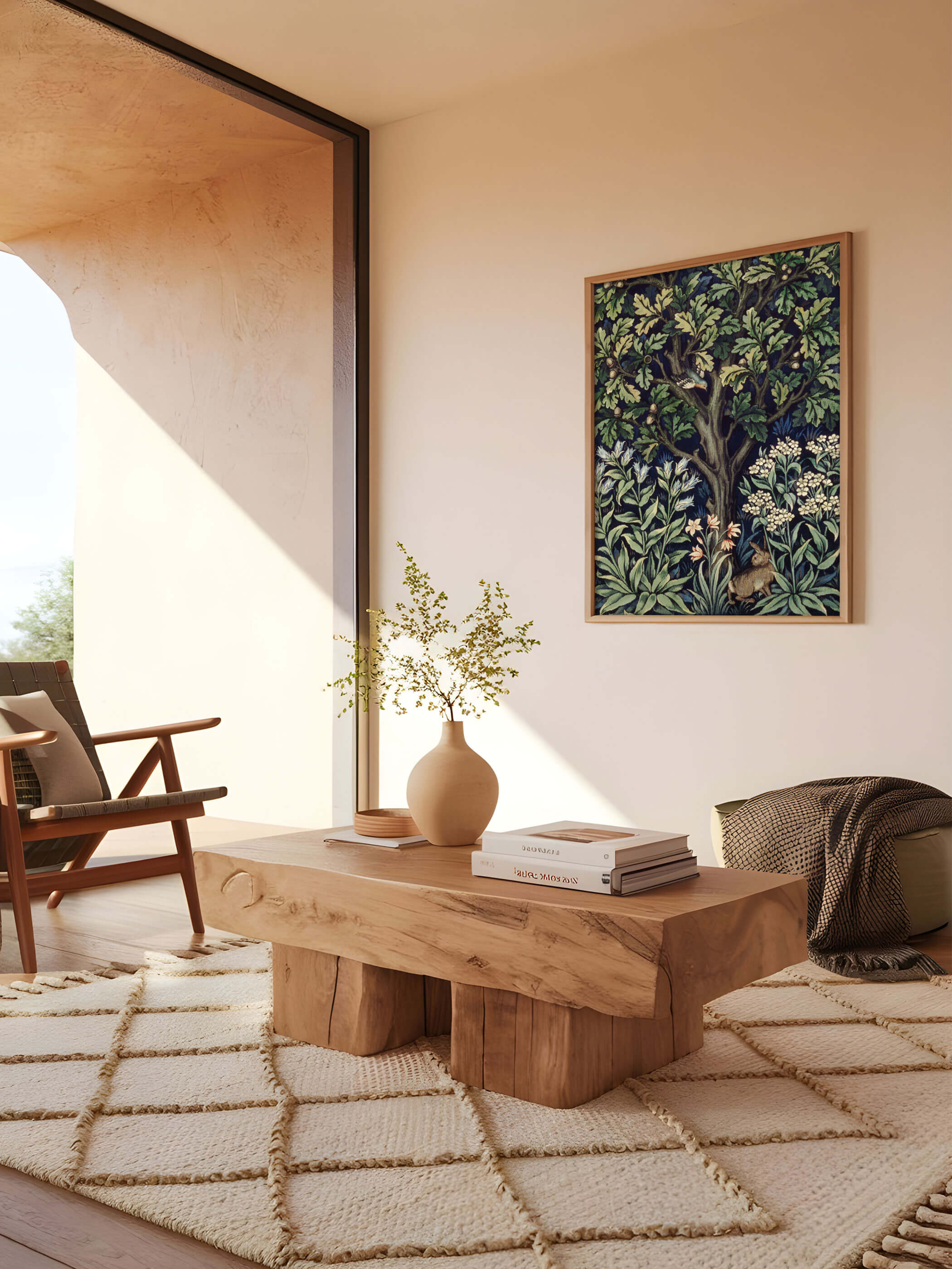 Ein gerahmtes William Morris Poster hängt über einem Holz-Couchtisch in einem minimalistischen Boho-Wohnzimmer. Der Druck zeigt eine Waldszene mit einem Baum und Tieren, die perfekt zur naturverbundenen und entspannten Ästhetik des Raumes passt.