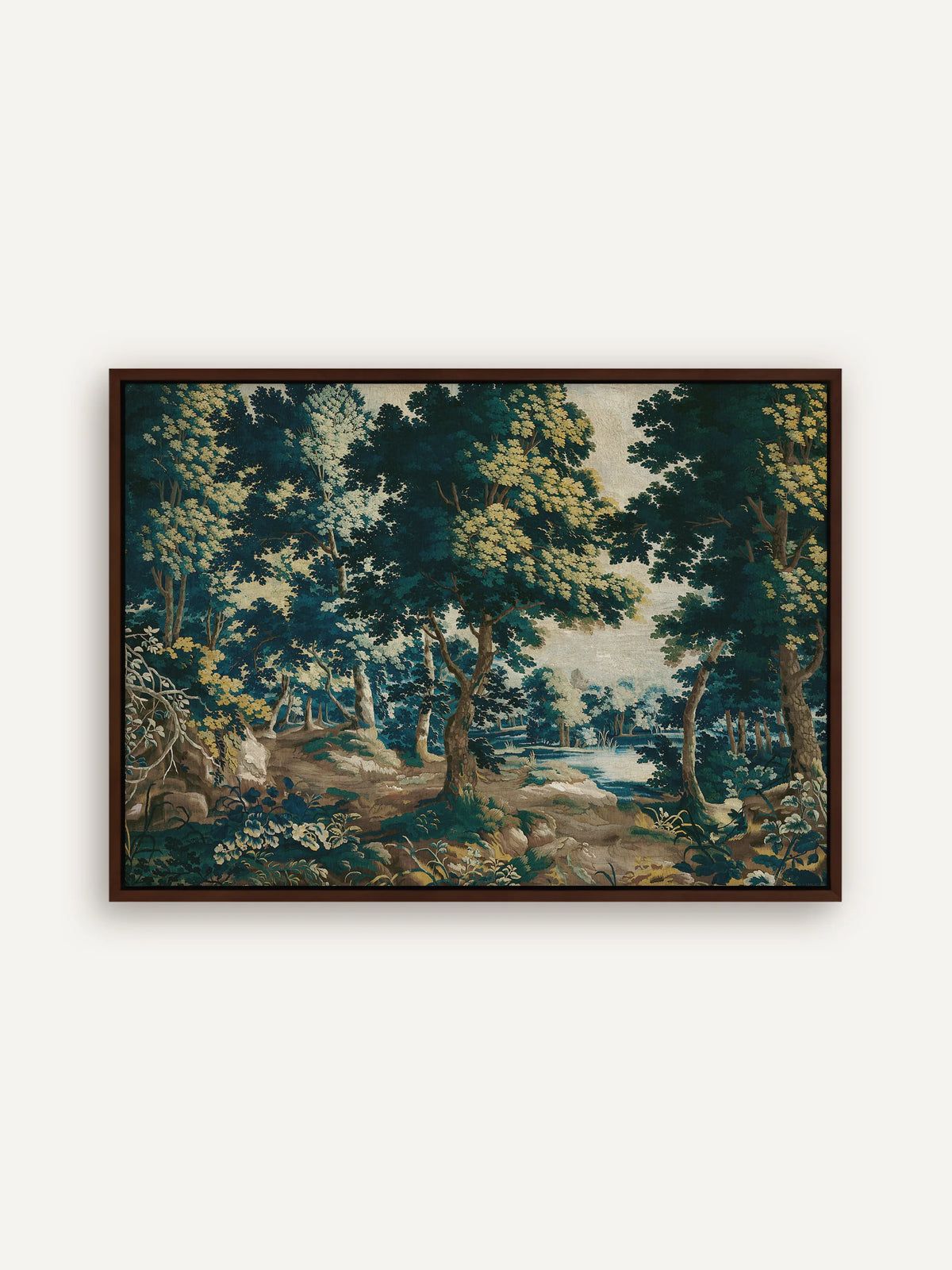 Leinwandbild nach einem flämischen Wandteppich: dichter Wald mit Laubbäumen in Petrol und Gelbgrün, Weg und kleiner See unter hellem Himmel, im braunen Schattenfugenrahmen aus Holz #Rahmen_Braun