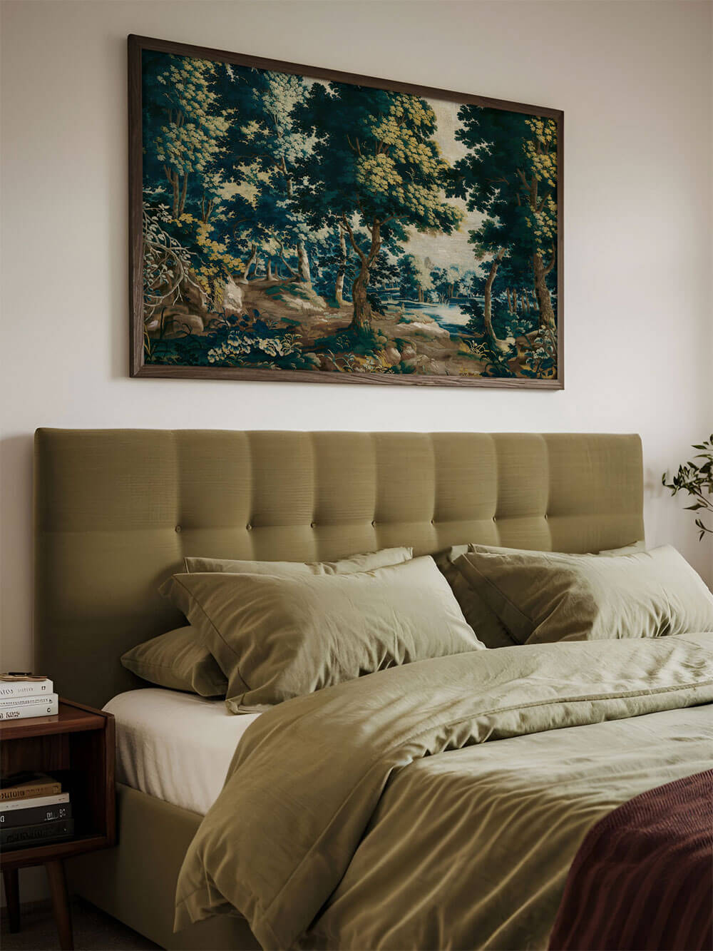 Gemütliches Schlafzimmer mit einem Rokoko-Wandteppich-Druck über dem gepolsterten Kopfteil des Bettes. Der Druck zeigt eine detaillierte Waldszene mit üppigen Bäumen und einem ruhigen See.