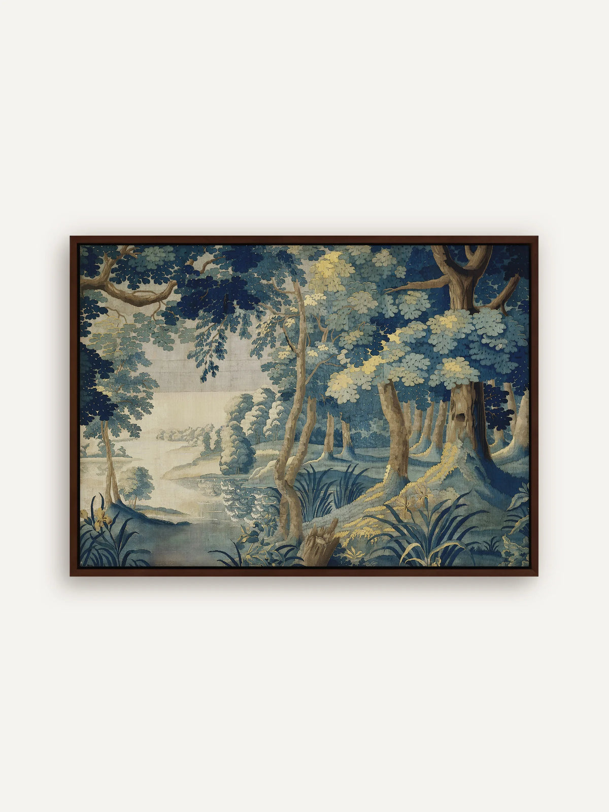 Leinwandbild nach einem alten Wandteppich: Wald mit hohen Bäumen in Indigo, Blau und Gelb an einem stillen See mit Schilf und gelber Iris, im braunen Schattenfugenrahmen aus Holz #Rahmen_Braun