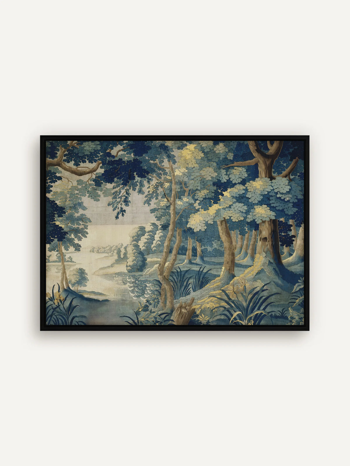 Leinwandbild nach einem alten Wandteppich: Wald mit hohen Bäumen in Indigo, Blau und Gelb an einem stillen See mit Schilf und gelber Iris, im schwarzen Schattenfugenrahmen aus Holz #Rahmen_Schwarz