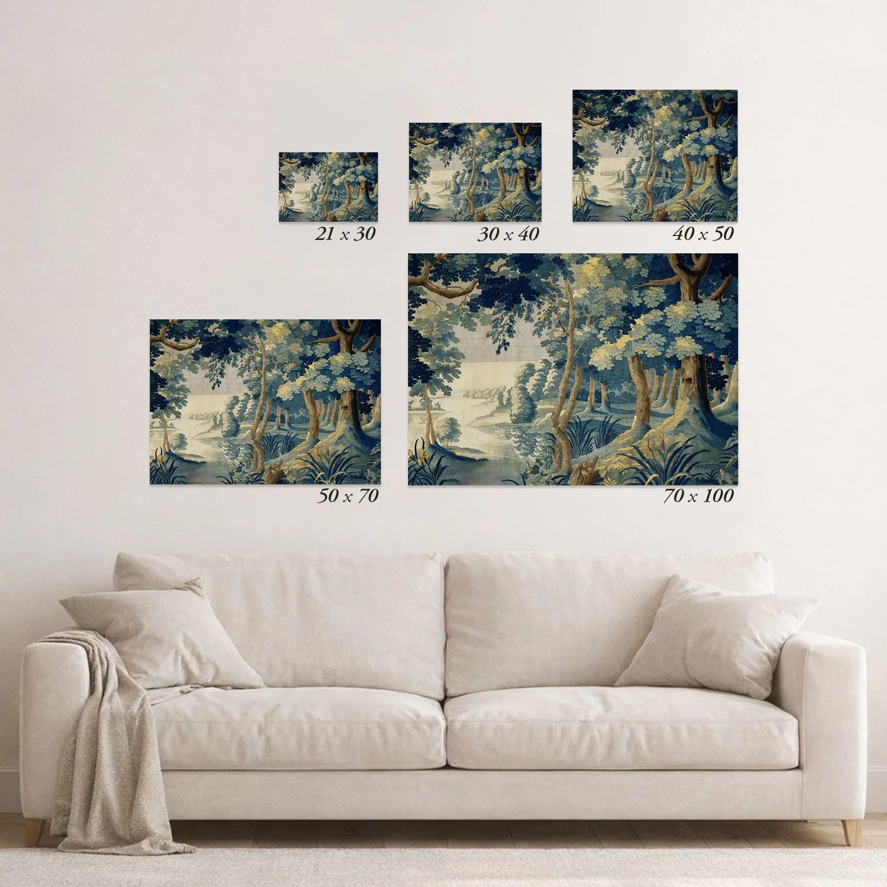Schematic size overview of the available print formats above a sofa.