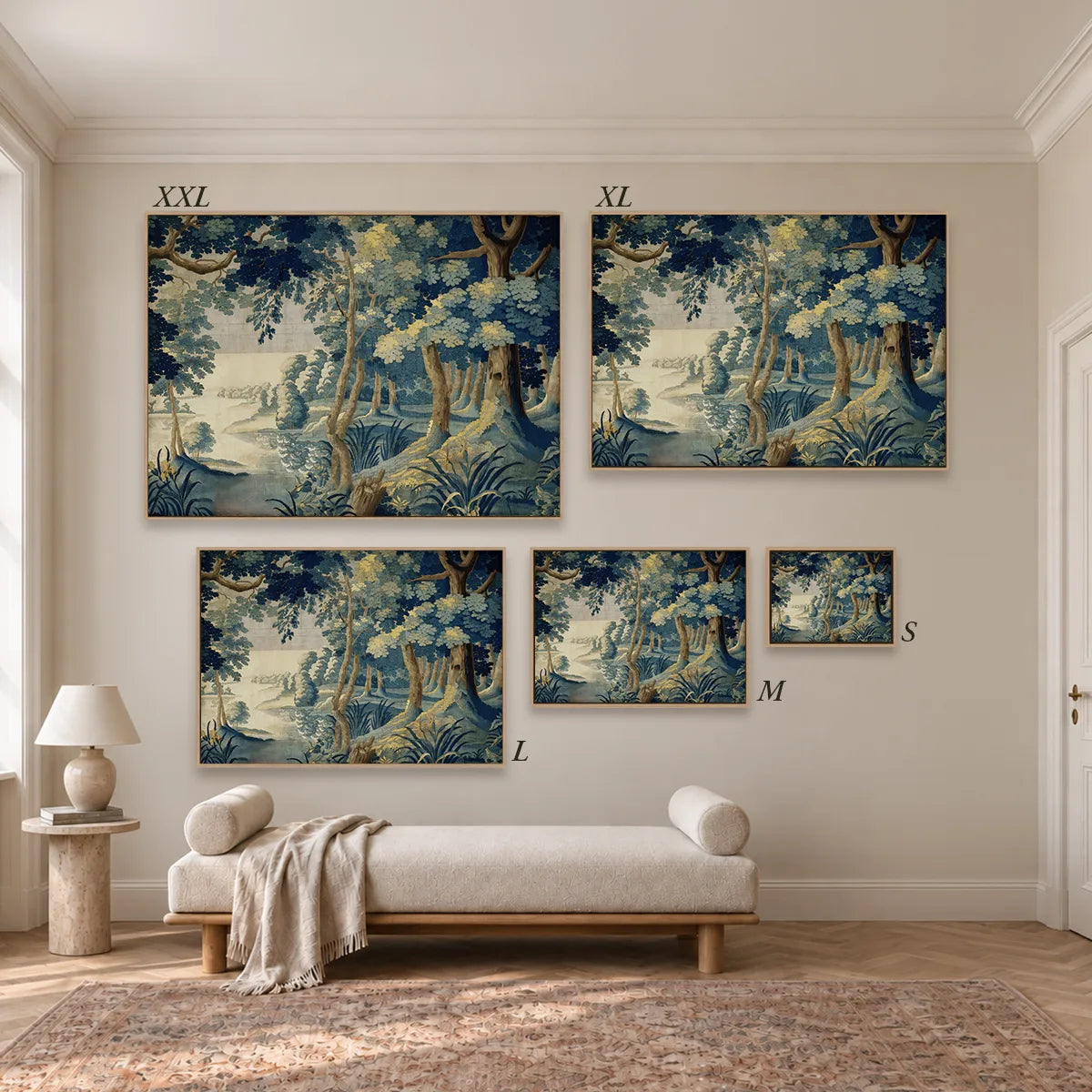 Größenübersicht der fünf Leinwandformate S bis XXL im Raum, von 34 × 44 cm bis 105 × 143 cm.